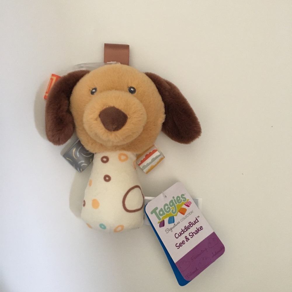 Taggies Rattle CuddleBud See & Shake Plush Dog Soft Baby Toy - Cream & Brown NEW